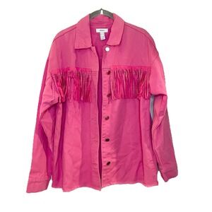Forever 21 Embellished Studded Light Denim Trucker Jacket Fringe Hot Pink Barbie